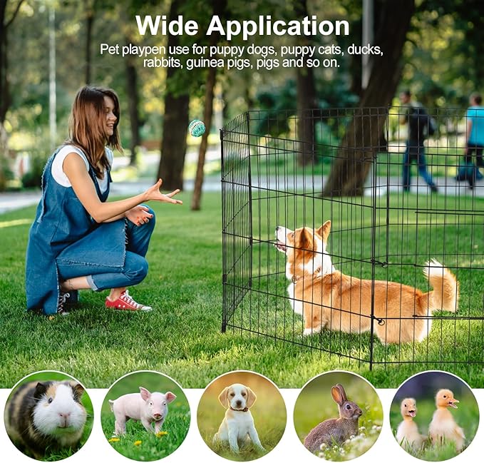 PJYuCien Dog Playpen - Metal Foldable Dog Exercise Pen, Pet Fence Puppy Crate Kennel Indoor Outdoor with 8 Panels 30”H & Top Cover and Bottom Pad for Small Medium Pets