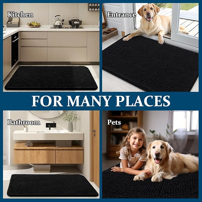 OLANLY Dog Door Mat for Muddy Paws 59x32, Absorbs Moisture and Dirt, Absorbent Non-Slip Washable Doormat, Quick Dry Chenille Mud Mat for Dogs, Entry Indoor Entryway Carpet for Inside Floor, Black
