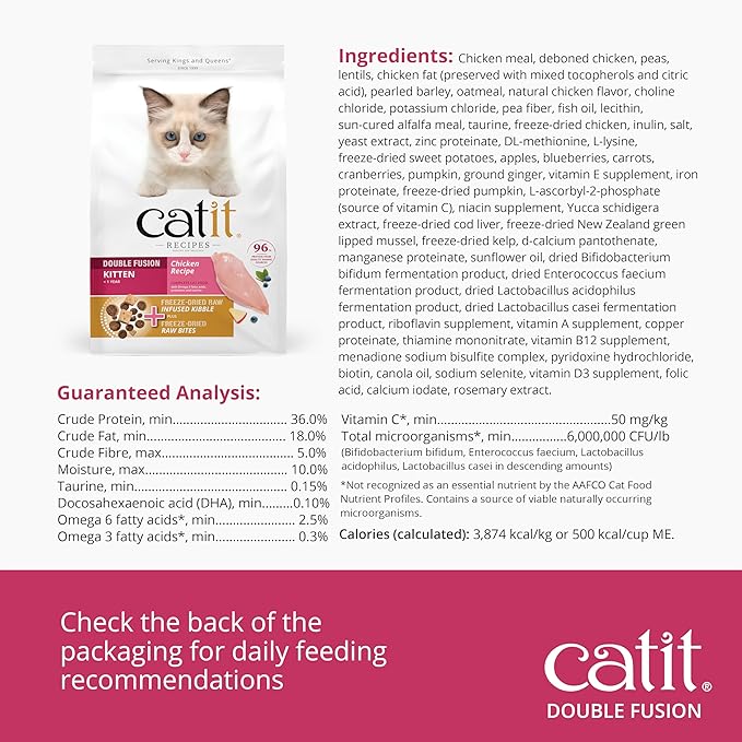 Catit Recipes Double Fusion Kitten Food – Chicken Recipe, 96% Animal Protein, Freeze-Dried Raw Toppings, No by-Products, High-Nutrient Wet & Dry Blend for Healthy Growth, 4 lb