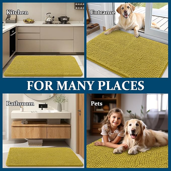 OLANLY Dog Door Mat for Muddy Paws 30x20, Absorbs Moisture and Dirt, Absorbent Non-Slip Washable Doormat, Quick Dry Chenille Mud Mat, Entry Indoor Entryway Carpet for Inside Floor, Mustard Yellow