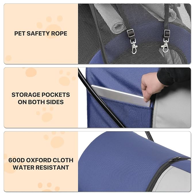 MoNiBloom Double Dog Stroller with Detachable Carrier Bags Large 4 Wheels Foldable Jogger for Small and Medium Dog Cats, Navy Blue/Gray