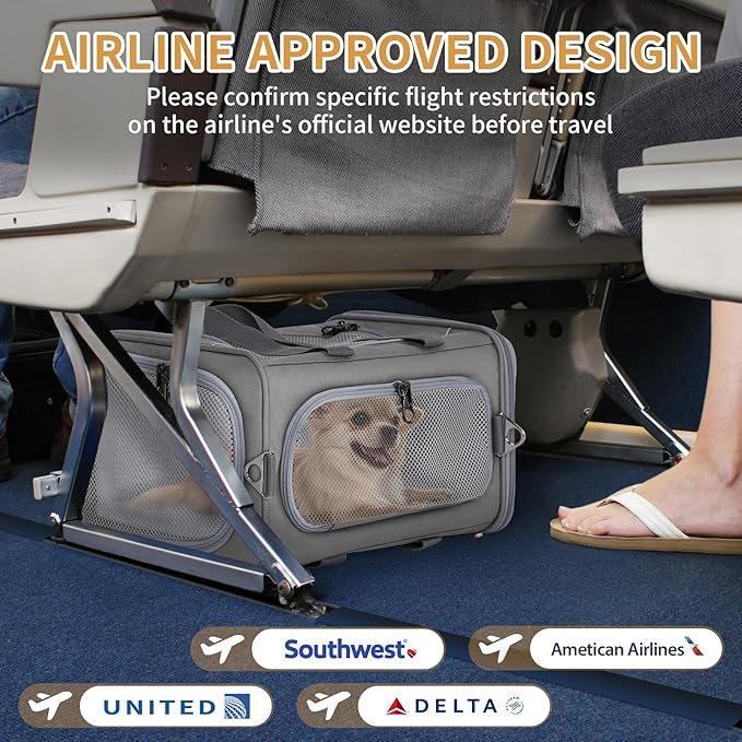 Petsfit Airline Approved Pet Carrier for Small Dogs & Cats, 18x8x11 TSA Approved Carrier, with Removable Dual-Sided Padding (2-Way Placement) - Fits Under Most Airplane Seats, Escape Proof (Grey)