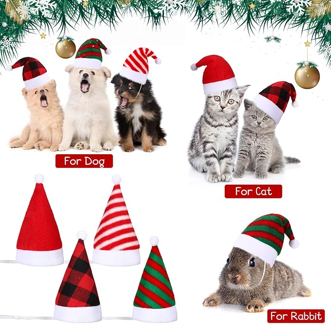 Svee 8 Pieces Christmas Santa Hats for Dog Cat with Adjustable Chin Strap Holiday Party Cute Costumes for Puppy Kitten Small Dogs and Cats Winter Party Dress up Props Supplies Gifts(Striped)