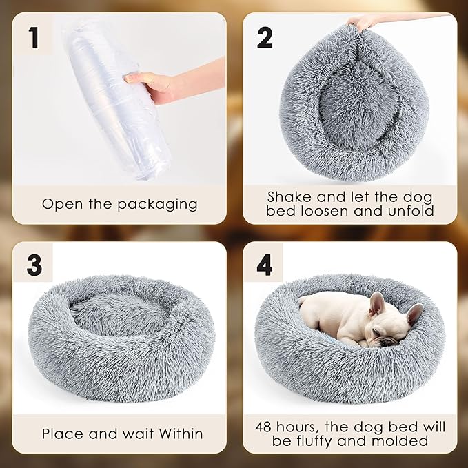 Dogs Bed for Small Dogs, Anti-Anxiety Washable Round Bed (Light Grey, 24.0" L x 24.0" W x 8.0" Th)