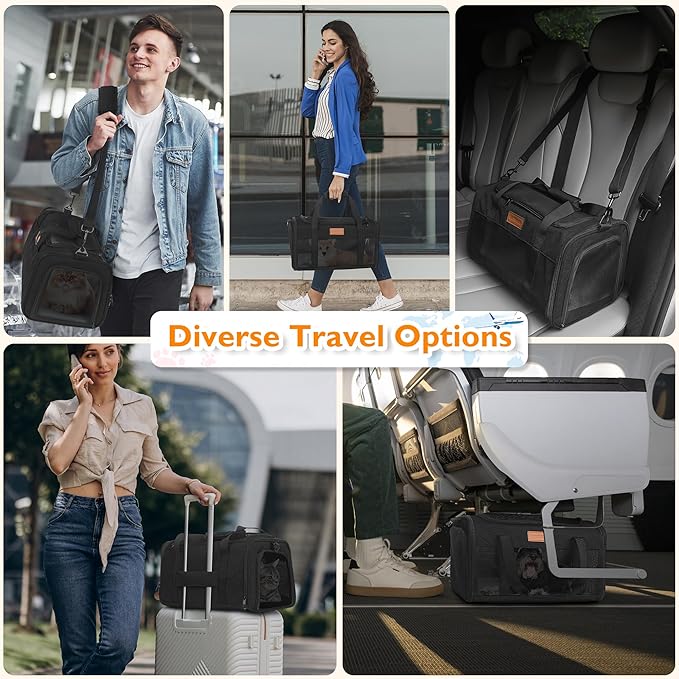 PETUX TSA Approved Pet Carrier in Cabin, 17"x11"x9.5" Soft Cat Carriers for Small Cat up to 12 lb, Top-Open Portable and Breathable Pet Carrier Airline Approved for Travel and Vet Visit, Black