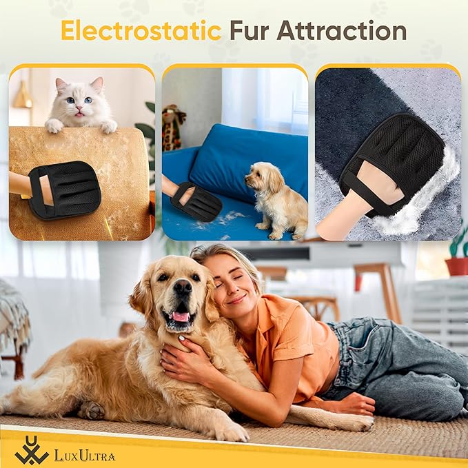 LuxUltra 2 Pcs Electrostatic Pet Hair Removal Gloves for Furniture, Couch, Carpet & Clothes | Reusable & Washable Fur Remover Mitt Set | Includes Bonus Cat & Dog Grooming Brush