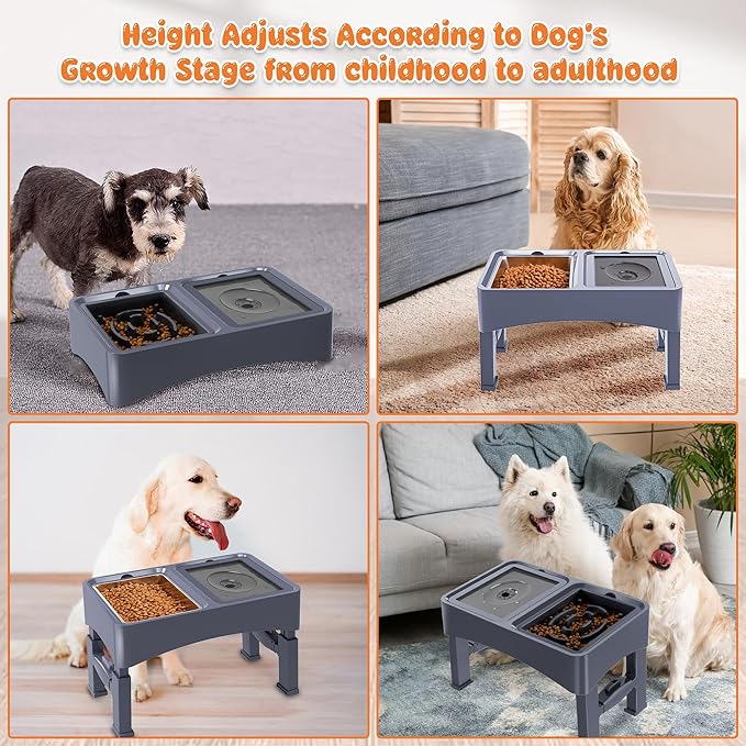 Decflow 3-in-1 Elevated Dog Bowls, 4 Height Adjustable Raised Dog Bowl with Stainless Steel Food Bowl, Slow Feeder, No Spill Water Bowls for Medium Large Dogs