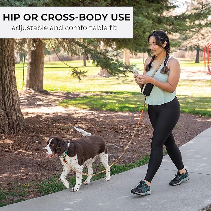 Squirrel Products Hands Free Dog Leash with Hip Belt/Crossbody Strap, Zipper Pouch, and Shock Absorbing Bungee for Walking or Jogging with pet (Tan, Orange)