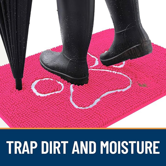 OLANLY Dog Door Mat for Muddy Paws 30x20, Paw Print Design, Absorbs Moisture and Dirt, Absorbent Non-Slip Washable Doormat, Quick Dry Chenille Mud Mat for Dogs, Entry Indoor Entryway Carpet, Hot Pink