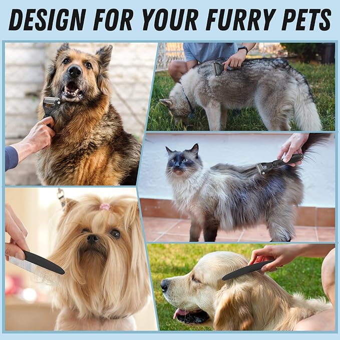 Pet Grooming Combo: Undercoat Rake, Dematting Deshedding Brush for Long-Haired Dogs and Cats, Black