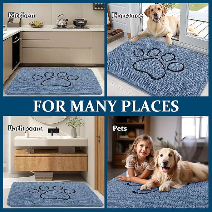 OLANLY Dog Door Mat for Muddy Paws 30x20, Paw Print Design, Absorbs Moisture and Dirt, Non-Slip Washable Doormat, Quick Dry Chenille Mud Mat, Entry Indoor Entryway Carpet, Airy Blue and Black