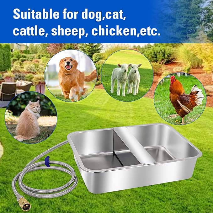 Automatic Water Dispenser for Dogs Livestock Water Trough 4 Gal Large Size Stainless Steel Waterer Feeder Outdoor Automatic Dog Water Bowl with Float Valve and 6.56 ft Water Hose Kit
