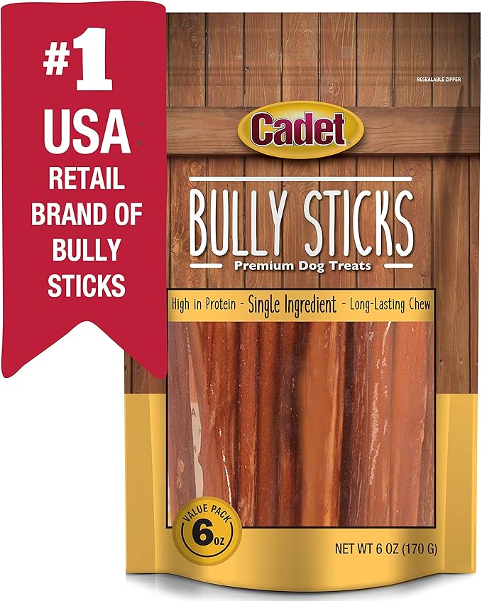 Cadet Bully Sticks for Small Dogs – All-Natural Beef Pizzle, High Protein, Low Fat, Long-Lasting, Grain & Rawhide-Free Dog Chews for Aggressive Chewers, Small (6 Ounce)