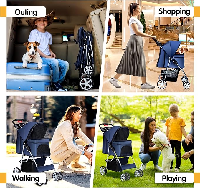 Pet Stroller, 4 Wheels Pet Strolling Cart for Medium/Small Dogs and Cats, Foldable Cat Jogger/Dog Stroller with Cup Holder, Storage Basket, Breathable Mesh, All-Season Pet Carrier, Navy Blue