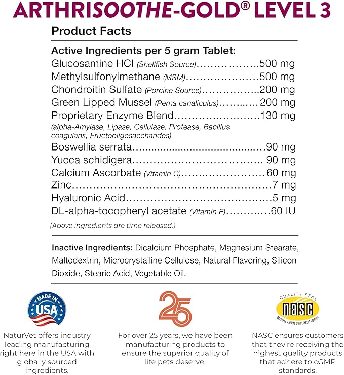 NaturVet – ArthriSoothe-GOLD – Level 3 Advanced Joint Care | Clinically Tested to Support Connective Tissue, Cartilage Health & Joint Movement | Enhanced with Glucosamine, MSM, Chondroitin & Green Lipped Mussel | For Dogs & Cats | 90 Chewable Tablets