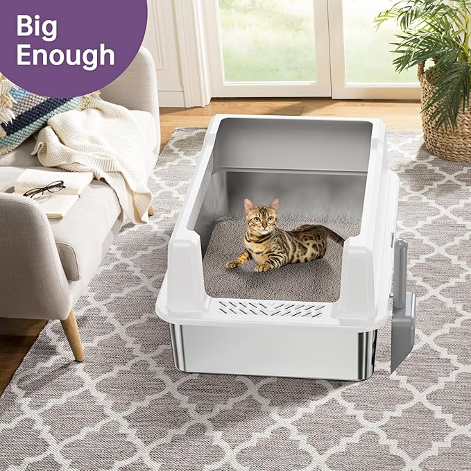 Extra Large XXL Stainless Steel Cat Litter Box with Lid, 26" L x 18" W x 12" H Metal Litter Box with Hight Sides for Big Cats & Multiple Cats, Never Absorbs Odors, Anti-Urine Leakage, Easy Cleaning