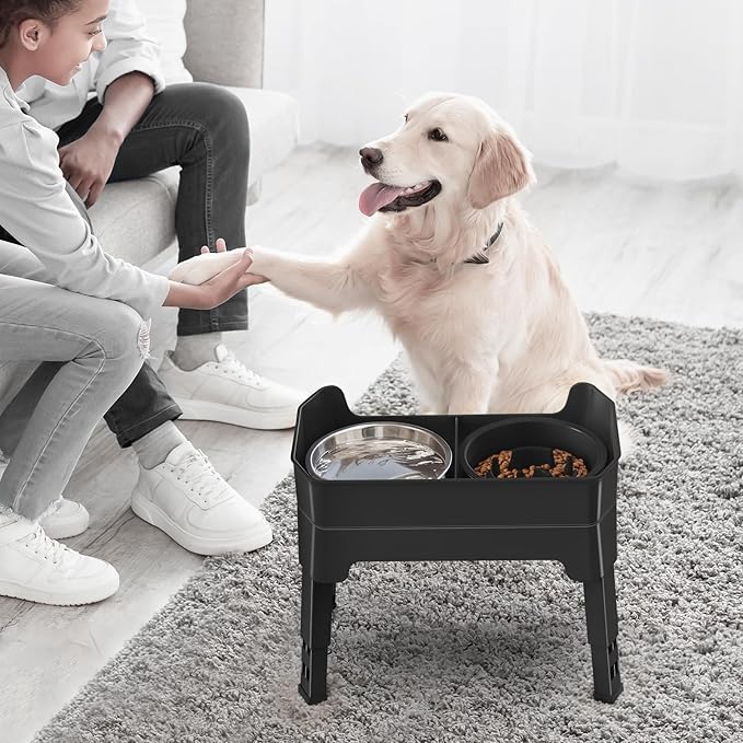 KPWACD 4-in-1 Elevated Slow Feeder Dog Bowls, 4 Height Adjustable Mess Proof Raised Dog Bowl Stand with Licking Plate, 2 Stainless Steel Doggy Food Bowl & Slow Feeder for Large Medium Small Pets