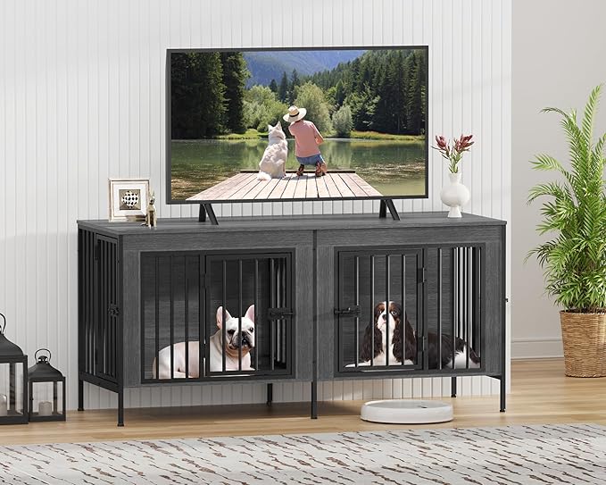EasyCom Dog Crate Furniture for 1 or 2 Dogs, Heavy Duty Single/Double Dog Crates for Small/Medium/Large Dogs, Dog Kennel Furniture Indoor as TV Stand, Small Size 55.12" L(0-20 Pounds), Dark Grey
