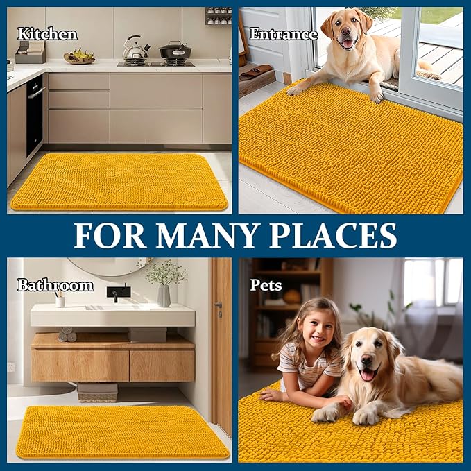 OLANLY Dog Door Mat for Muddy Paws 30x20, Absorbs Moisture and Dirt, Absorbent Non-Slip Washable Doormat, Quick Dry Chenille Mud Mat, Entry Indoor Entryway Carpet for Inside Floor, Golden Yellow