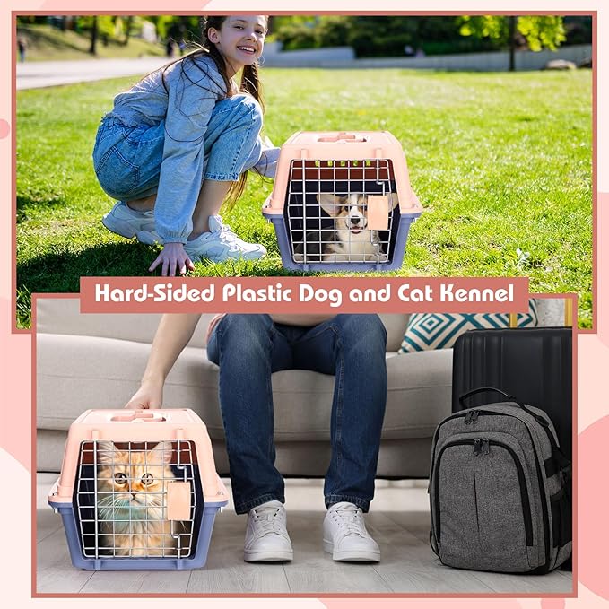 2 Set 18.9" Pet Carrier for Small Cats and Dogs, Hard Sided Plastic Cat Kennel for Pet with Front Door Security Lock Fully Breathable Travel Crate, up to 13 Lbs(Blue,18.9 x 12.6 x 11.8 Inch)