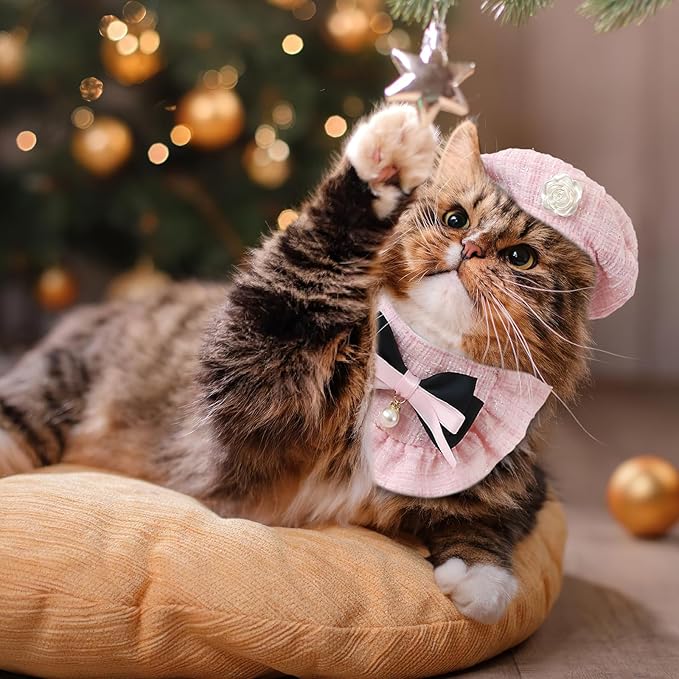 HOWWFALY 2PCS Cat Beret Hat with Small Camellia, Adjustable Satin Bowtie Bandana Scarf Set Pet Princess Costume for Halloween Christmas, Cat Dog Birthday Party Apparel (Pink Bow)