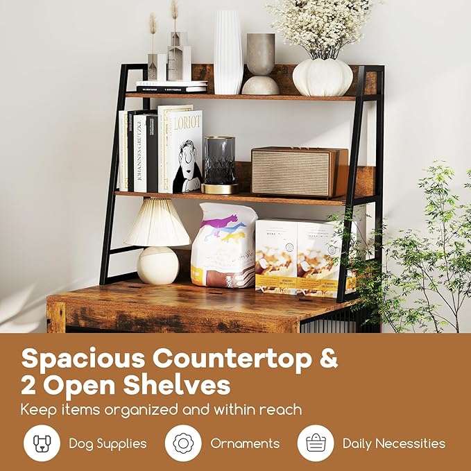 Giantex 38" Dog Crate Furniture with Storage Shelves, Wooden Dog Kennel End Table with Flip Top, 3 Doors, Wheels & Pull-Out Tray, Chew-Resistant Indoor Pet Crate House for Large Dogs, Rustic Brown