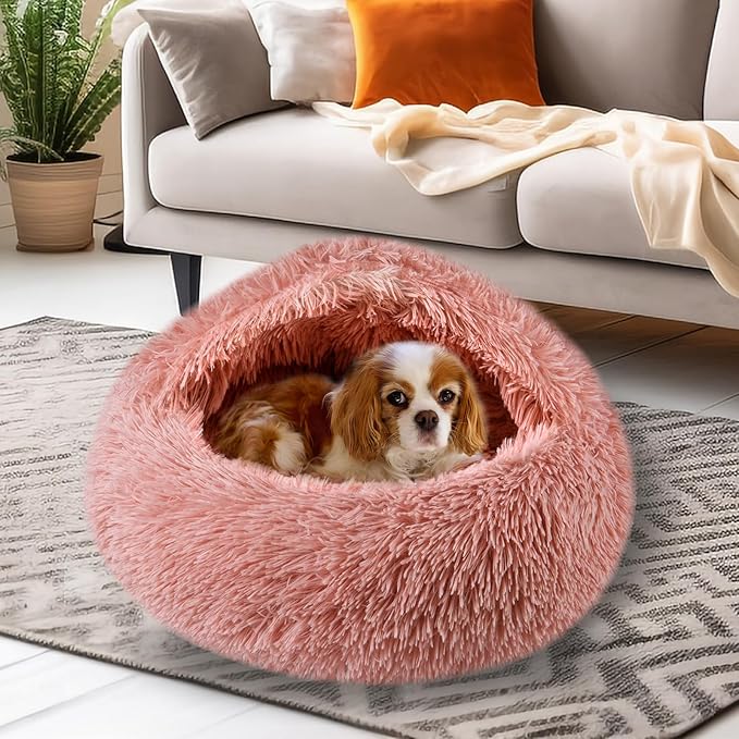 Cat Beds for Indoor Cats,Cat Cave for Puppy and Kitty,Calming Small Dog Bed for Small Dogs with Cover Cave,Cozy Warming Fluffy Washable Anti-Slip Pet Sleeping Bag(20 * 20inch,Leather Pink)
