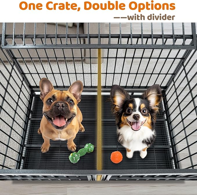 Homey Pet 43 Inch Dog Crate, Heavy Duty Stackable Dog Crate Cage Kennel for Medium Dogs with Divider, Bowls, 3 Door, Removable Grid & Tray, 4 Lockable Wheels, Breeding & Grooming Drop Cages for Dogs