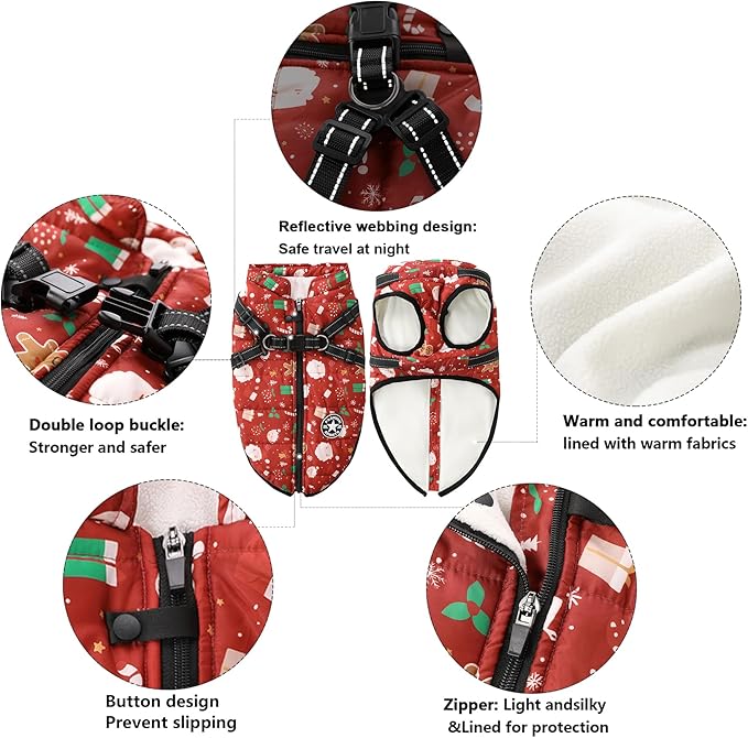 Aiboria Dog Jacket Windproof Fleece Dog Sweater with Padded Vest Chest Strap Harness Dogs Coat Christmas Red L