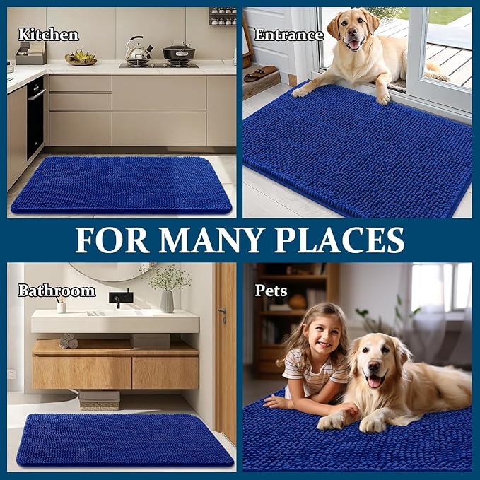 OLANLY Dog Door Mat for Muddy Paws 70x35, Absorbs Moisture and Dirt, Absorbent Non-Slip Washable Doormat, Quick Dry Chenille Mud Mat for Dogs, Entry Indoor Entryway Carpet for Inside Floor, Royal Blue