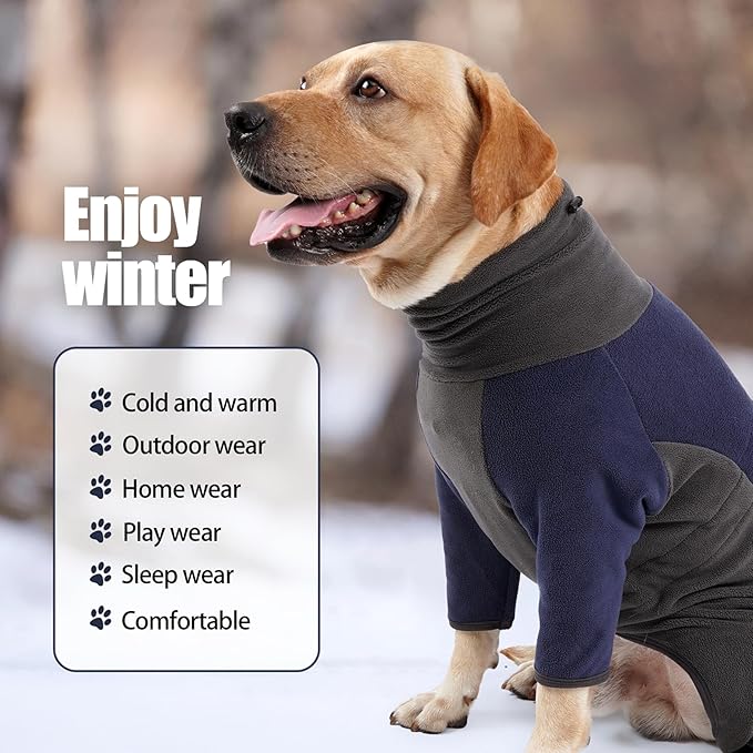 Winter Coat - Warm Fleece Dog Jacket, Full Body Pajamas Onesie for Medium to Large Dogs. Windproof, Cold Weather Protection. Small Size, Blue Color.