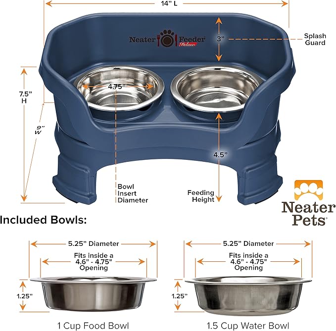 Neater Feeder Deluxe Mess Proof Cat Bowls Elevated for All Breeds – Made in USA – No Spill Raised Cat Bowls for Indoor Cats w/Leg Extensions – Stainless Steel Cat Food and Water Bowl Set - Dark Blue