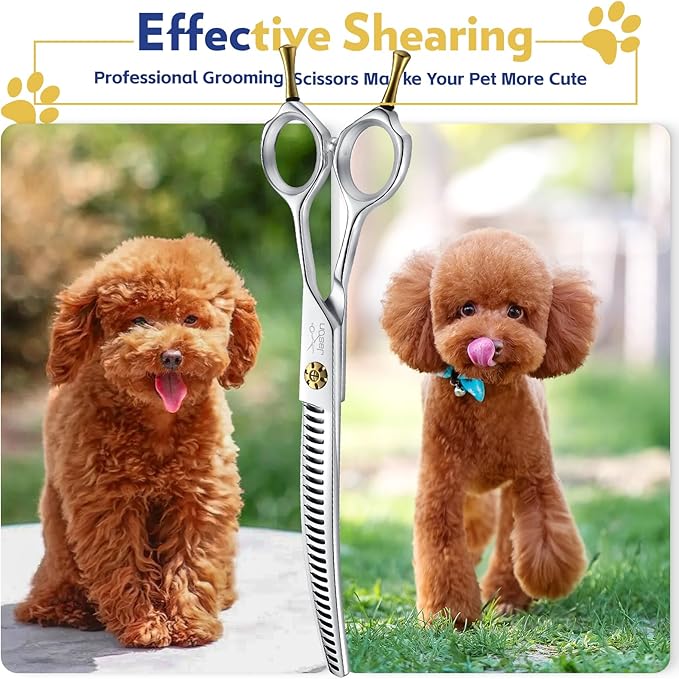 JASON 7" Dog Grooming Shears - Professional Down-curved Chunker Shears with 60%-65% Thinning Rate, Japanese 440C Stainless Steel Dog Grooming Chunkers with Adjustable Screw (28 Teeth, Silver)