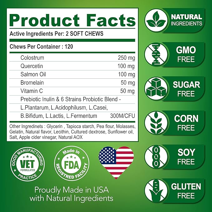 Dog Allergy Relief Chews - Dog Itch Relief Treatment - Anti Itch - Itchy Skin - Dry Skin & Hot Spots - Immune Health Supplement with Probiotics, Omega 3 Fish Oil, Colostrum - Made in USA - 120 Treats