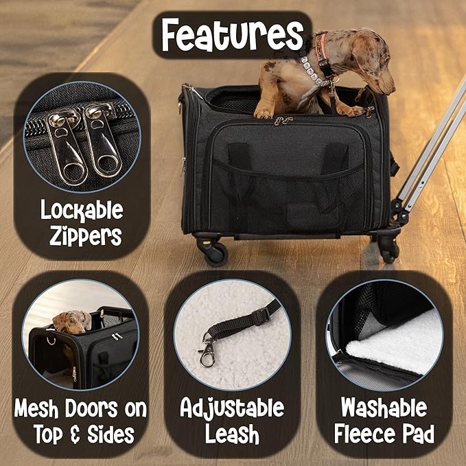 Pet Carrier with Wheels | Delta American Frontier Airline Approved | Two Expandable Sides, Storage Pockets Adjustable Leash | Rolling Dog and Cat Carrier TSA Compliant (Black 17x12.5x11)