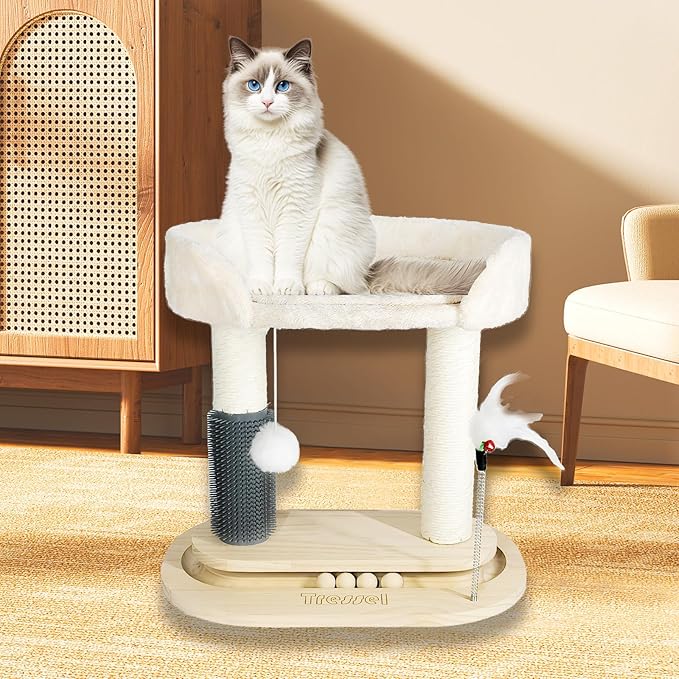 Small Cat Tree Tower, Cat Scratching Post 6-in-1 Cat Tree with Self Groomer Brush, Natural Sisal Scratcher Cute Kitten Scratching Post with Bed, Hanging & Track Toy for Indoor, Beige