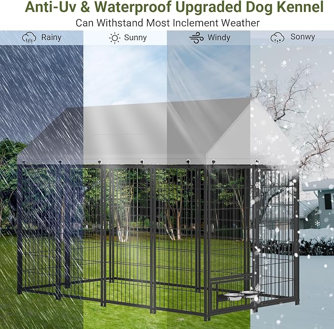 Rovibek Outdoor Dog Kennel 7.9x4.1x5.9 Ft, Dog Kennels Outdoor with 2 Rotating Feeder Bowls, Heavy Duty Dog Kennels Outside, Outside Dog Kennel with Roof, Outside Kennel for Large Dogs