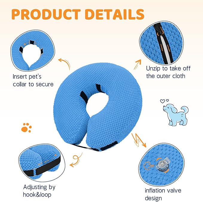 Supet Inflatable Dog Cone Collar for Dogs to Stop Licking, Dog Donut Collar After Surgery, Soft Pet Cone for Small Medium Large Dogs Blue 02 XXL