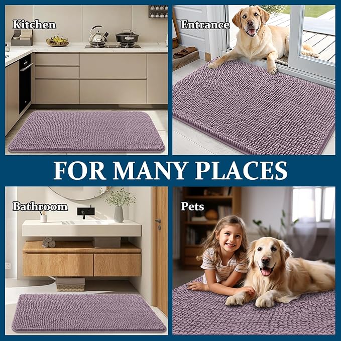 OLANLY Dog Door Mat for Muddy Paws 34x21, Absorbs Moisture and Dirt, Absorbent Non-Slip Washable Doormat, Quick Dry Chenille Mud Mat for Dogs, Entry Indoor Entryway Carpet for Inside Floor, Deep Plum