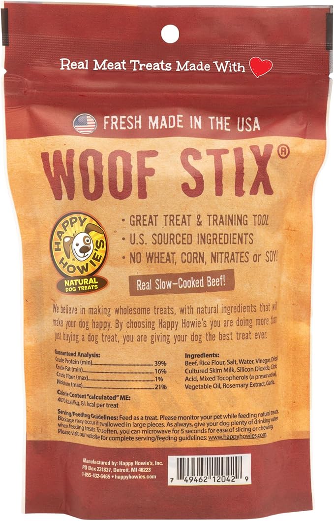 Happy Howie's Woof Stix - Healthy Dog Treats, Flavorful Slow Cooked Beef Stick, Natural Ingredients, Hormone Free - Beef, (Pack of 3)
