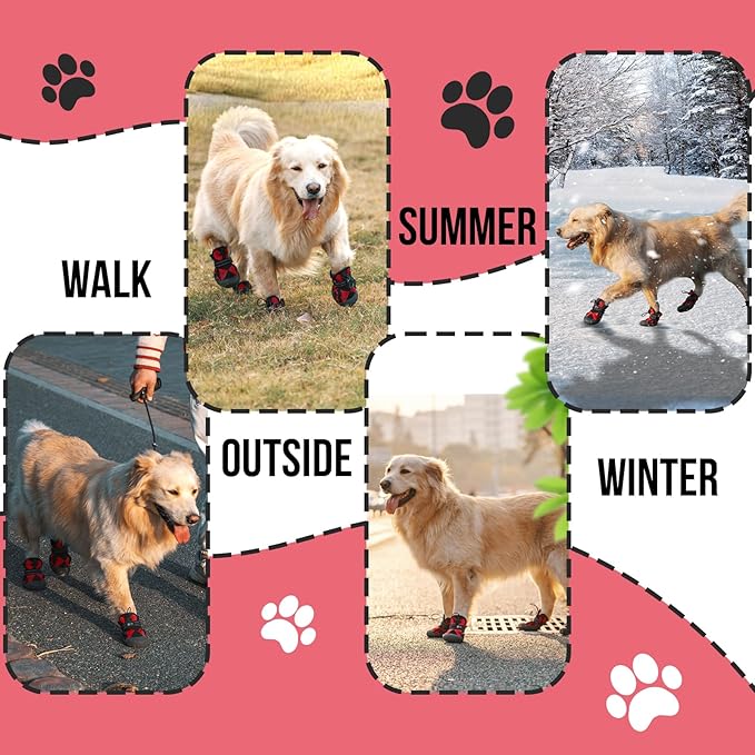 Dog Shoes for Large Medium Size Dogs, Waterproof Anti Slip Red Dog Boots&Paw Protectors for Winter Snow, Summer Hot Pavement, Dog Booties for Outdoor Walking Hiking Hardwood Floor