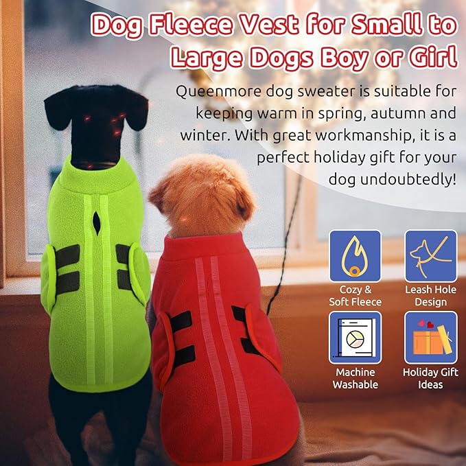 Queenmore Small Dog Sweaters, Soft Fleece Vest Pullover Dog Jacket with Leash Hole, Warm Winter Dog Clothes Cold Weather Doggy Dachshund Sweater for Small Dogs Cats Boy or Girl (Red, S)