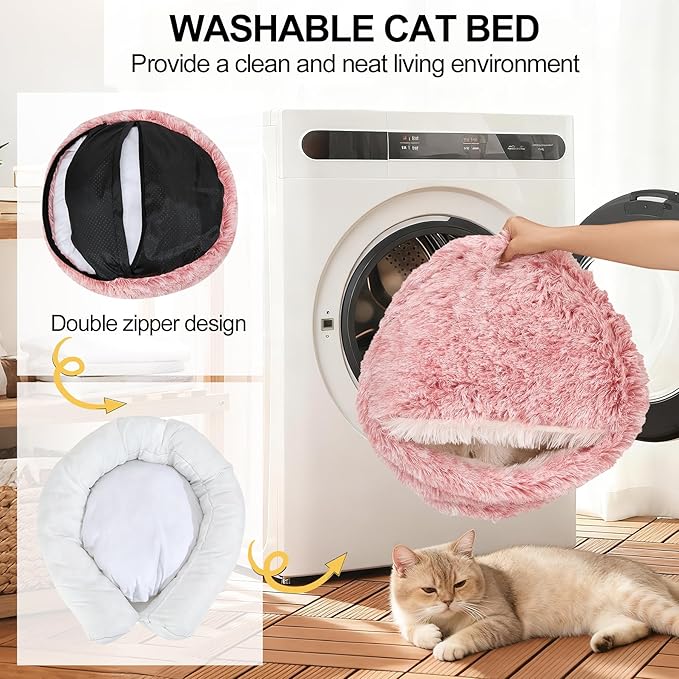 Calming Dog Beds & Cat Cave Bed with Hooded Cover,Removable Washable Round Beds for Small Medium Pets,Anti-Slip Faux Fur Fluffy Coved Bed for Improved Sleep,Fits up to 15/25 lbs(Bean Mush,S)