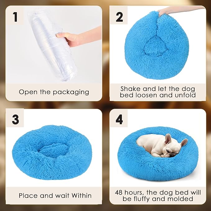 28in Large Dog Bed, Medium Size Dog and Cats, Calming Donut Bed for Puppy and Kitten, Washable Round Fluffy Pet Bed (Light Blue)
