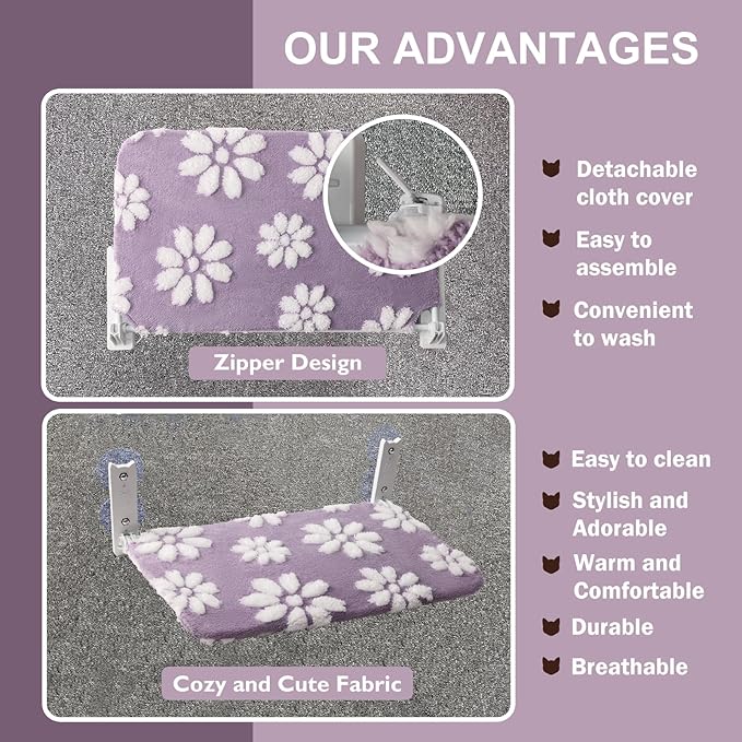 Cat Window Perch, Foldable Cat Window Hammock with Cute 3D Textured Flower Cover, Breathable Mesh Cover and Strong Suction Cups, Cordless Window Seat Bed for Indoor Cats (Purple, Medium)