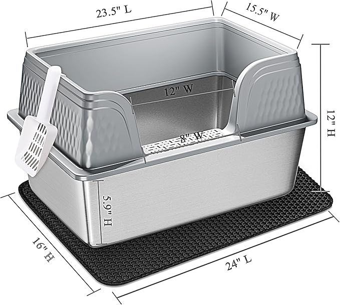 Vealind XL Stainless Steel Cat Litter Box High Sided with Lid 23.7" L x 16" W x 12" H Anti Leakage Extra Large Metal Cat Litter Tray with Scoop and Mat for Big Cats (Grey)