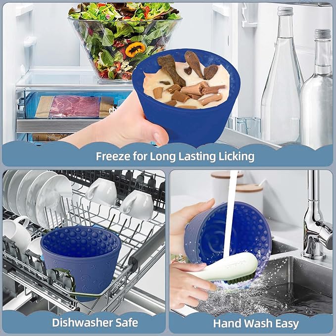 Dog Slow Feeder Lick Bowl, Non-Slip Dog Licking Treat Dispenser, Slow Feeder Bowls for Small Medium Large Breed Dogs, Anxiety Relief & Anti-Choking, BPA Free Silicone (Dark Blue, 1.6 Cup)