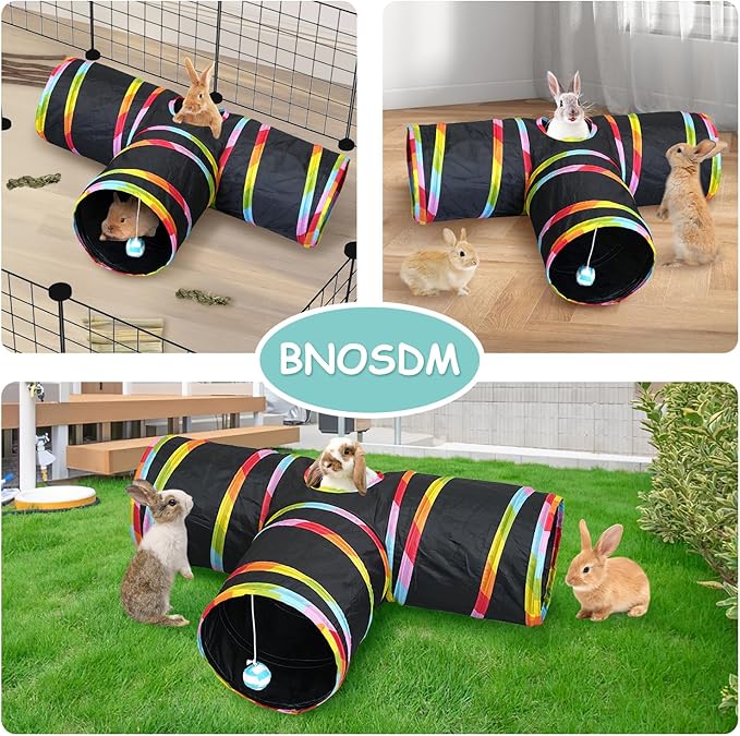 BNOSDM Bunny Tunnels, Collapsible 3 Way Rabbits Tunnel and Tubes with Chew Toys, Small Animals Hideout for Indoor Rabbit Bunny Guinea Pigs Ferret Kitten