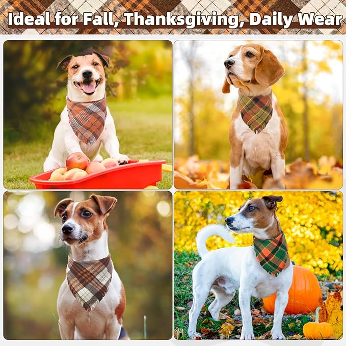 KOOLTAIL Thanksgiving Fall Dog Bandanas 4 Pack - Soft Breathable Washable Plaid Pet Scarf Bibs Kerchief, Dog Autumn Costume, Holiday Triangle Towel for Girl Boy Small Medium Large Dogs Cats, Orange L