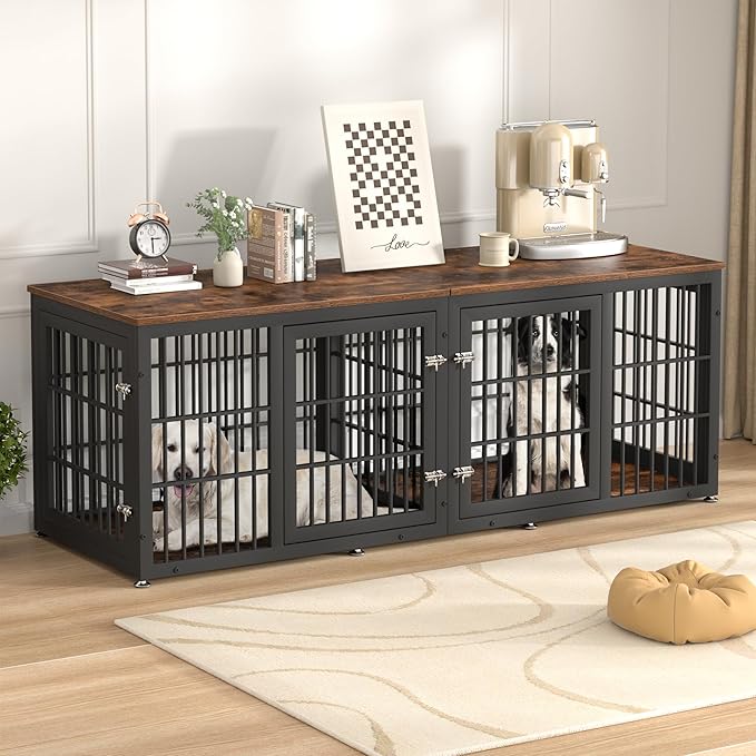 78 Inch Double Dog Crate Furniture, Heavy Duty Extra Large Cage Furniture with Divider for 2 Dogs, Decorative Wooden Kennel Furniture Indoor, Metal Pet House for Large and Medium Dogs